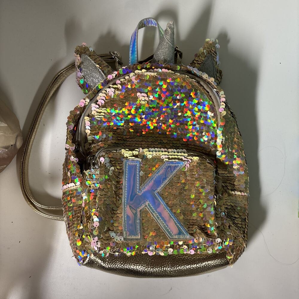 Justice Gold Sequin Flip Initial Letter K Mini Backpack Purse EUC Iridescent